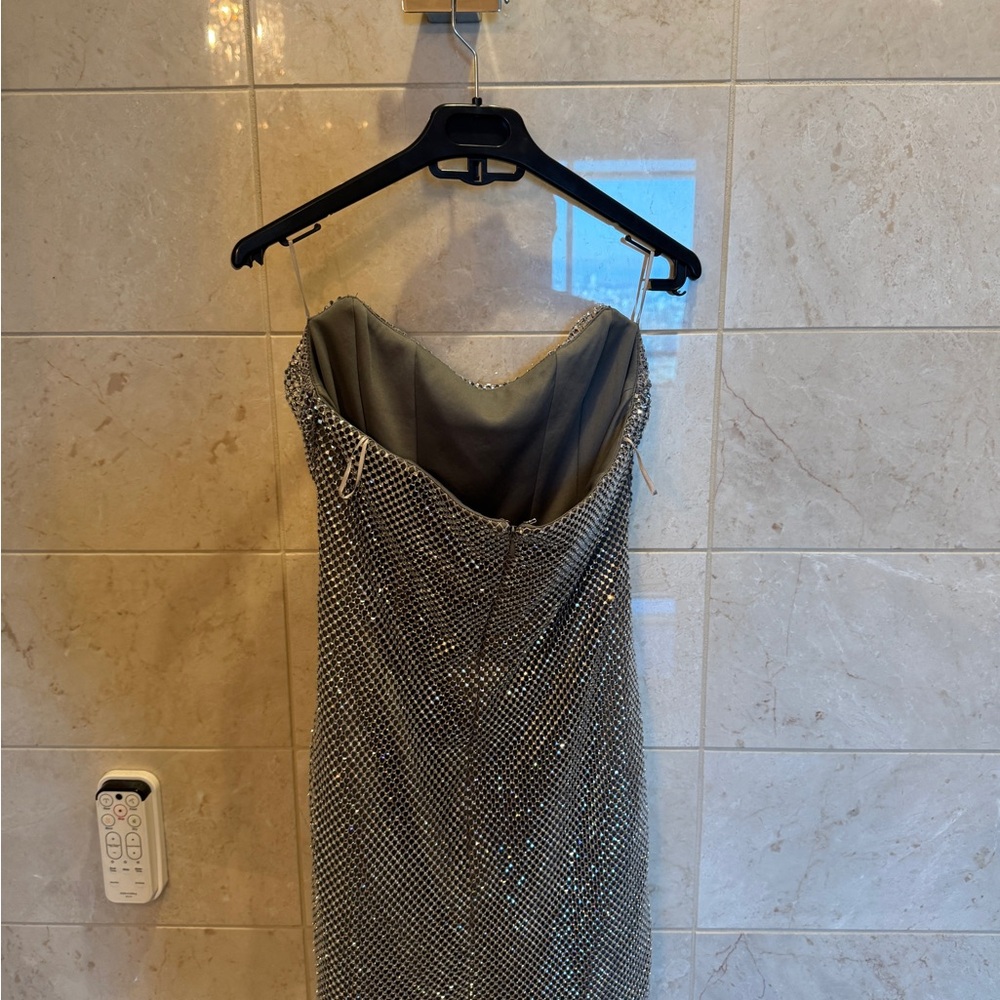 ZARA Metallic Silver Strapless Dress - Picture 5 of 11